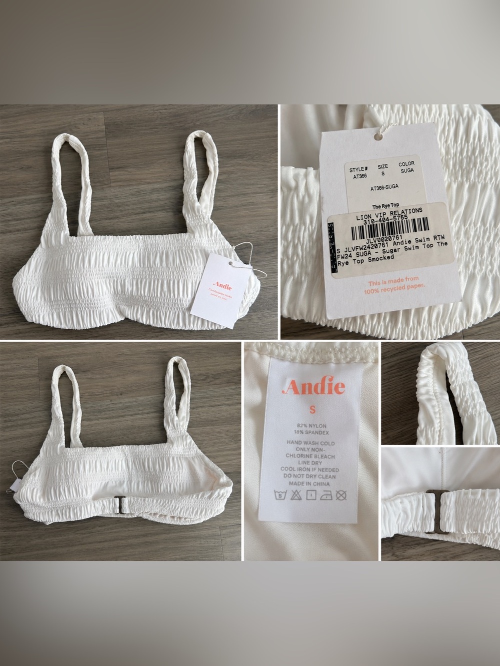 NWT Andie The Rye Smocked Bikini Top Sugar White Size Small